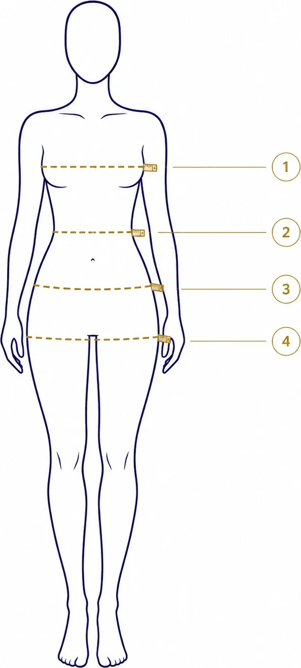 Diagram showing where to take each of the four measurements, numbered 1 to 4.
