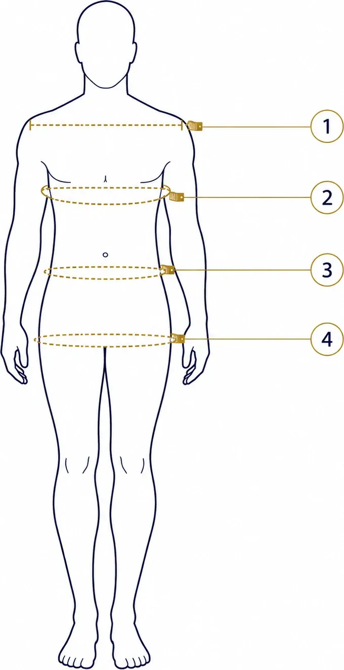 Diagram showing where to take each of the four measurements, numbered 1 to 4.